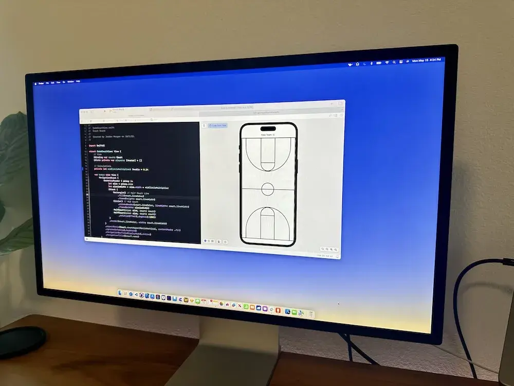 An early Elite Hoops prototype: a basketball court in an iPhone preview beside its code in Xcode