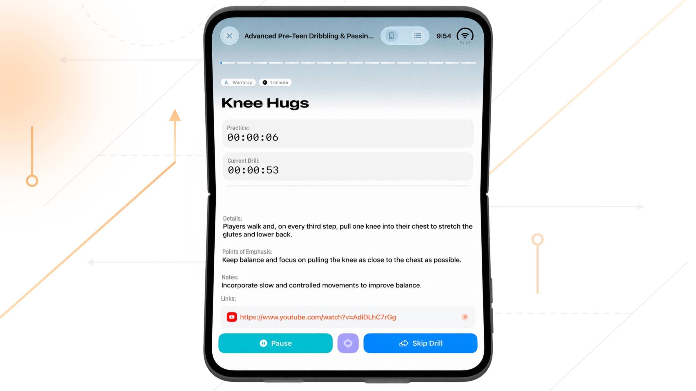 A practice running on a partly folded iPhone Duo, with the practice and drill timers above the fold and the drill details, Pause, and Skip Drill below it.