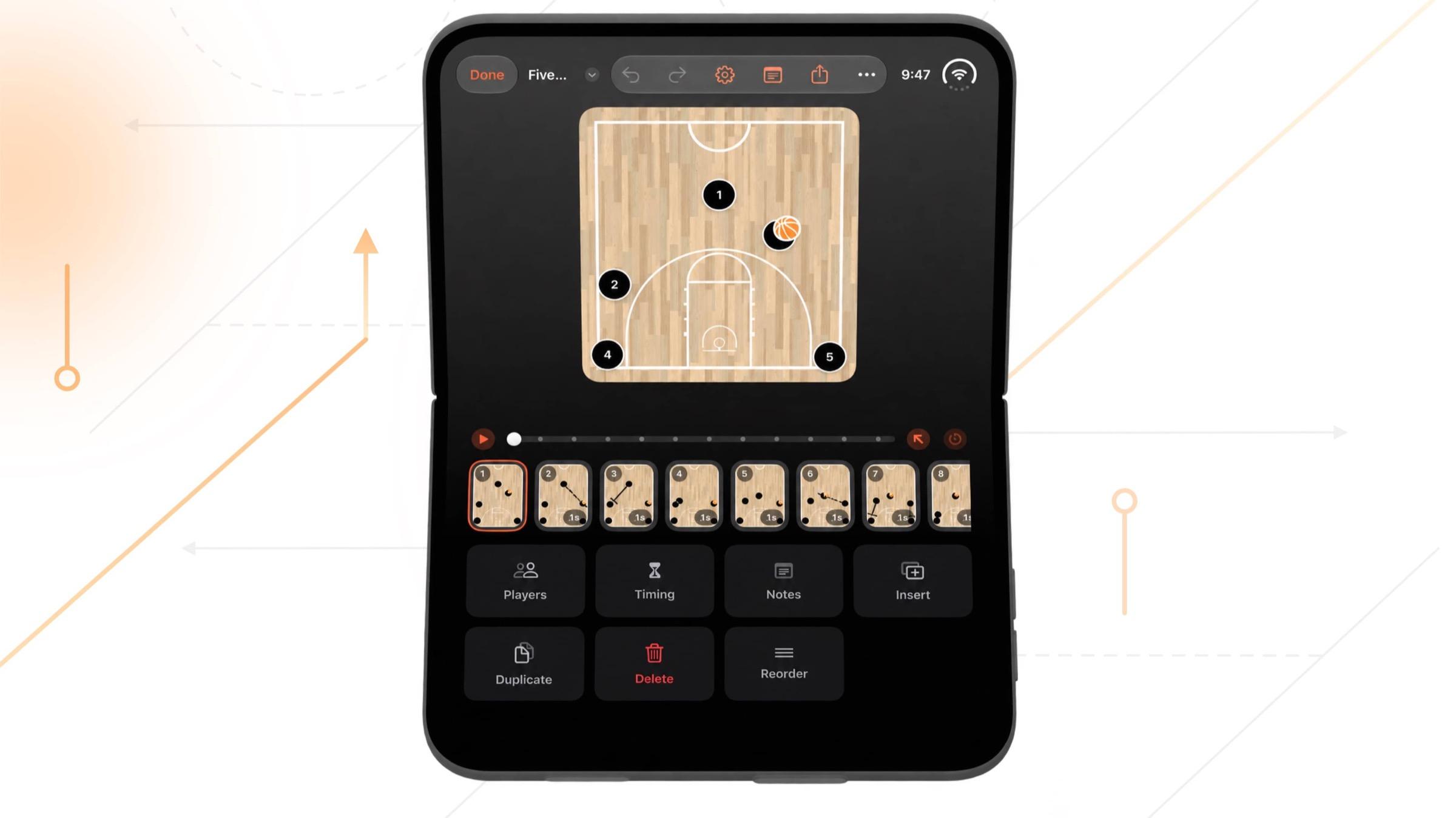 The play designer on a partly folded iPhone Duo, with the court above the fold and the timeline, frames, and frame tools below it.