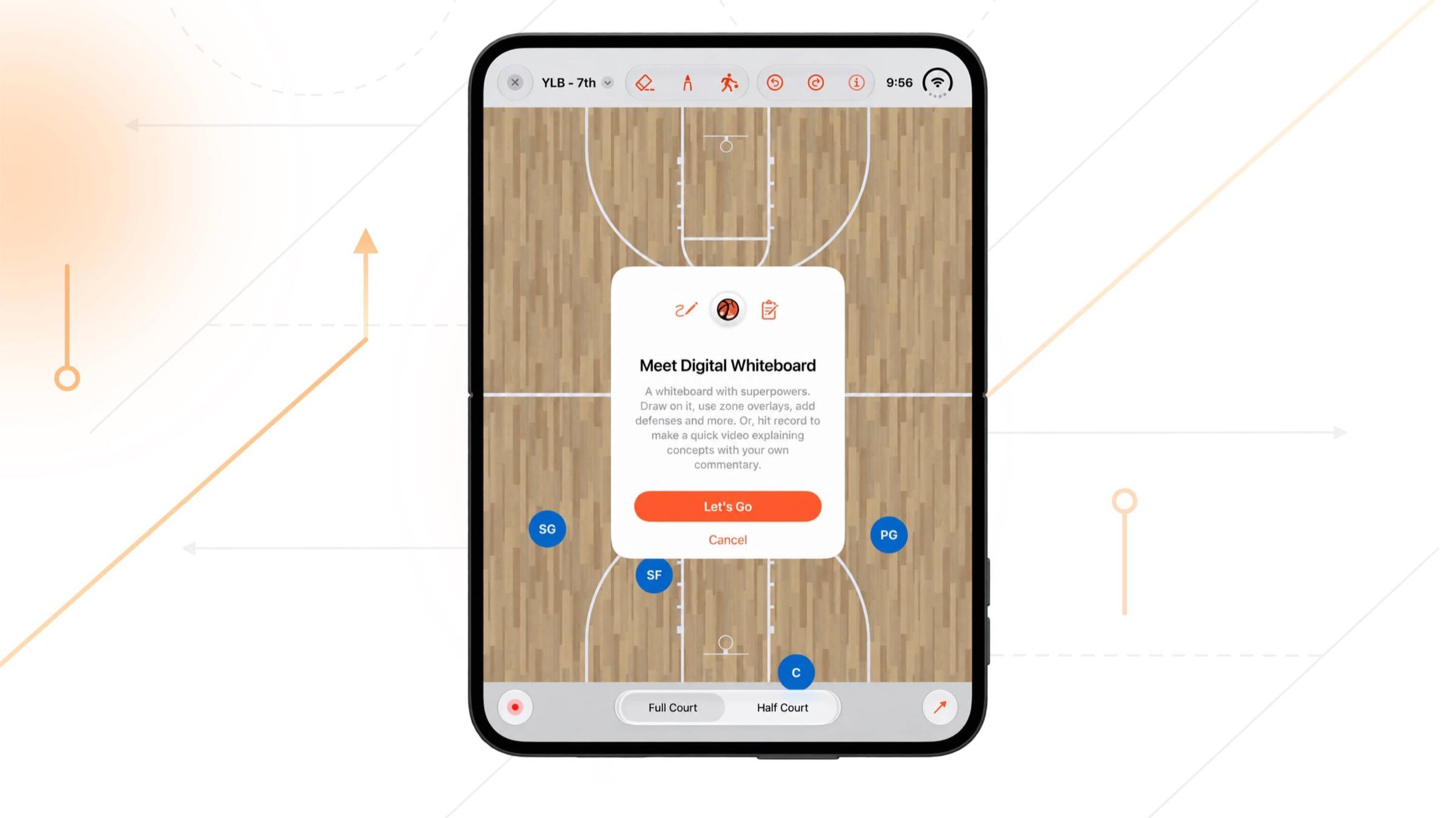 The Elite Hoops digital whiteboard filling an open iPhone Duo with a full court, players, and the Full Court and Half Court toggle.