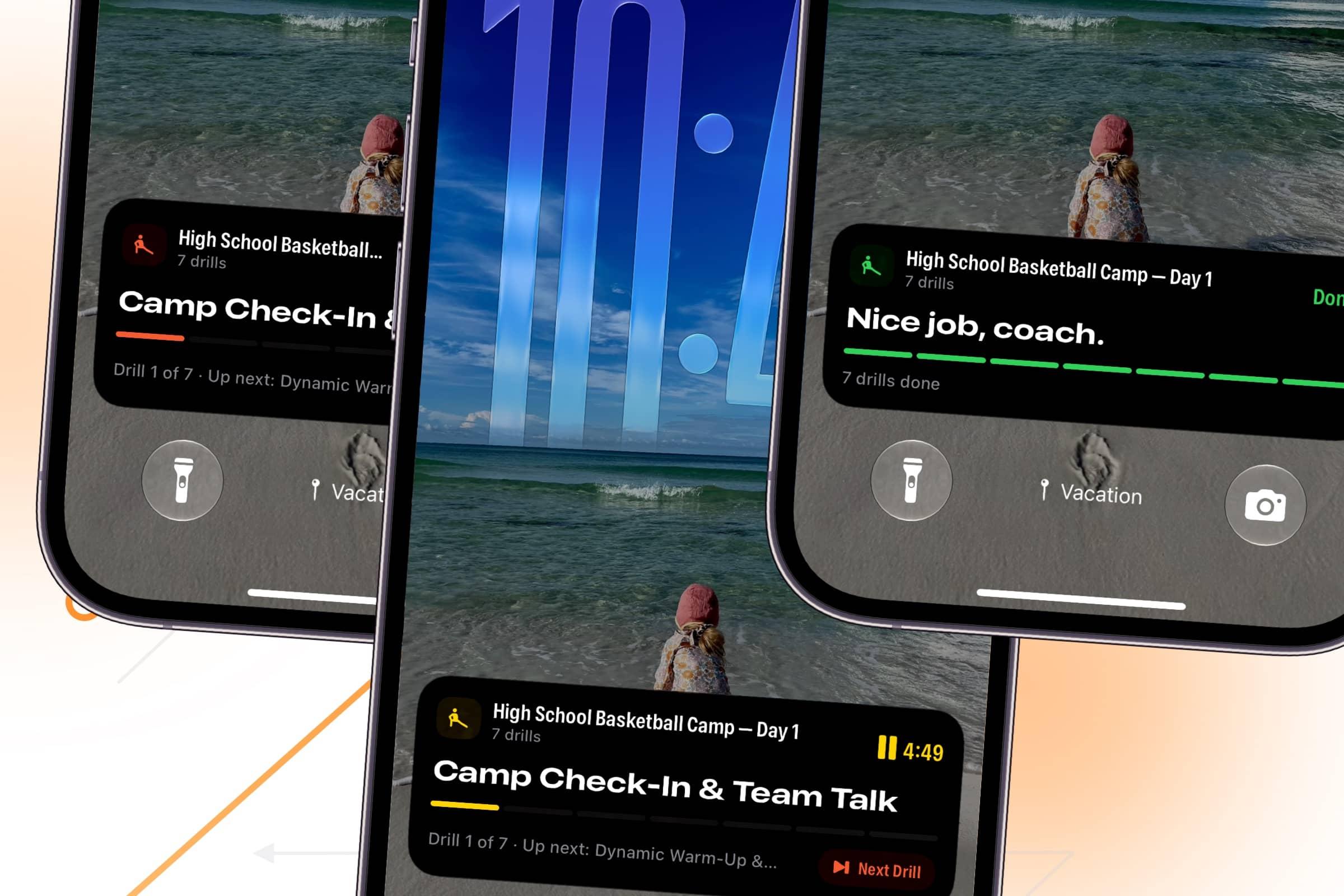 The Live Activity in its three states: orange while a drill runs, yellow while paused, green at the wrap up.