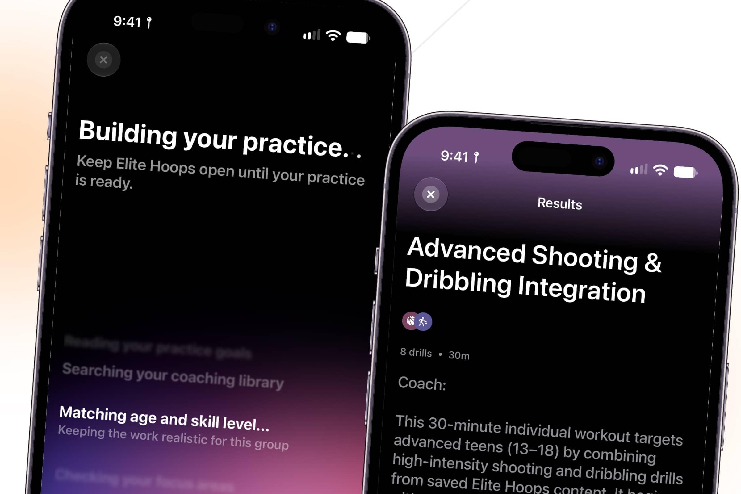 Elite Hoops building a practice plan with Apple Intelligence using only the coach's saved drills.