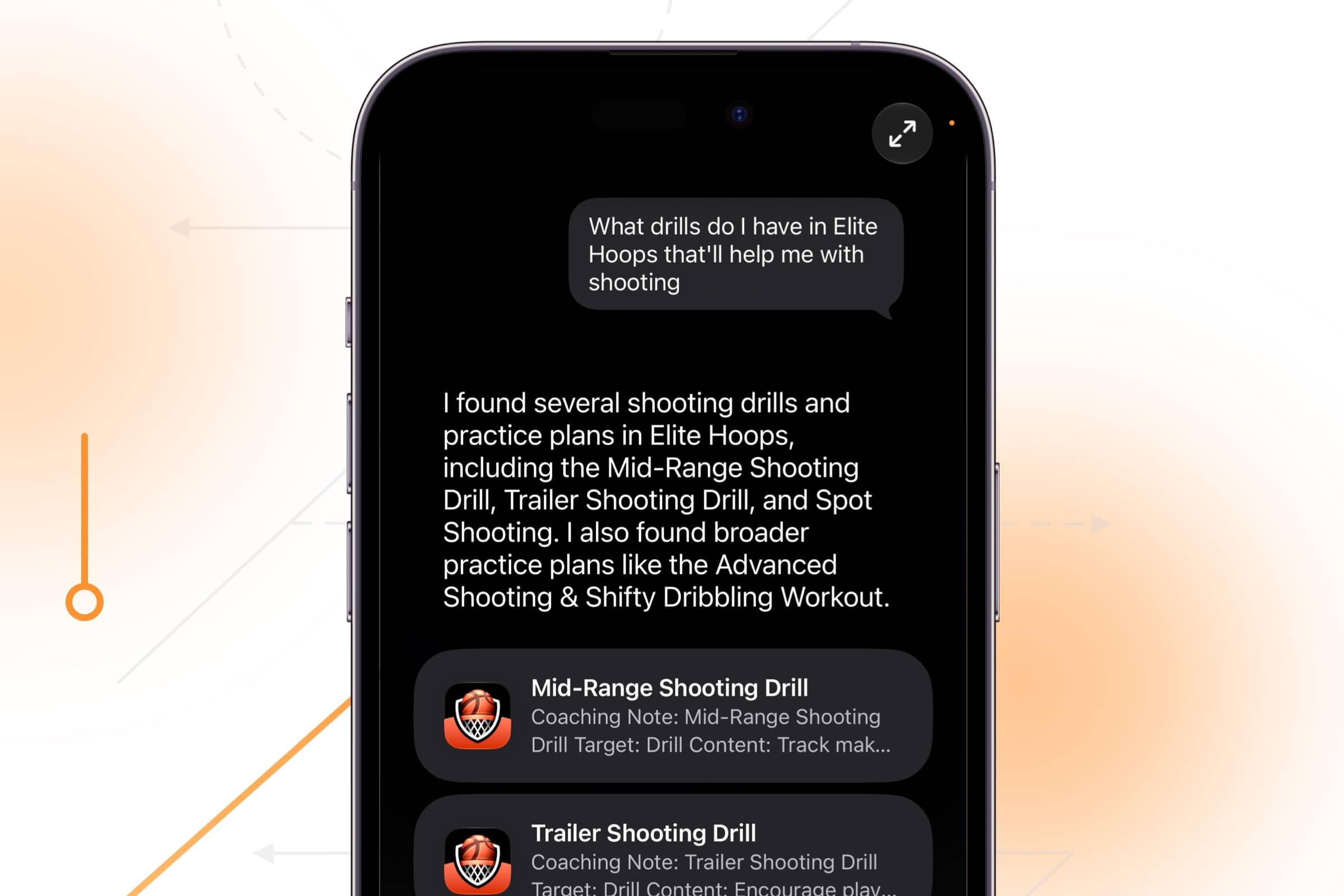 The Elite Hoops Live Activity on the Lock Screen showing the current drill, countdown, segmented practice progress, and end time.