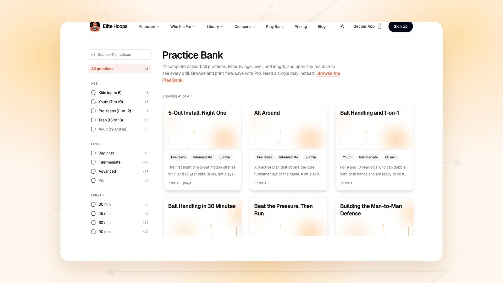 The Practice Bank on the web: 41 practices with filters for age, level, and length down the left, and practice cards on the right