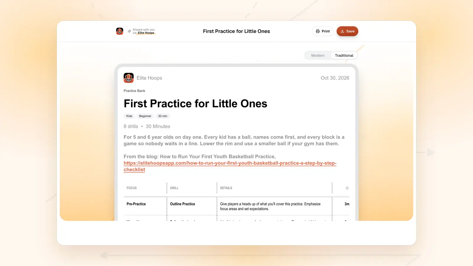 A practice from the bank, First Practice for Little Ones, shown in the share viewer with its drills, minutes, and the Print and Save buttons