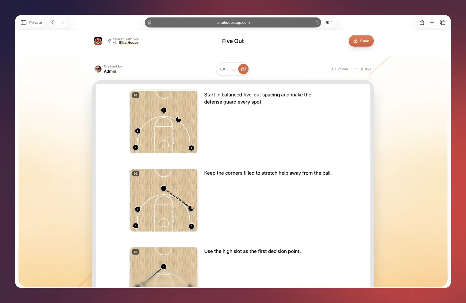Storyboard mode: every frame of the play with notes, in one scrolling view.