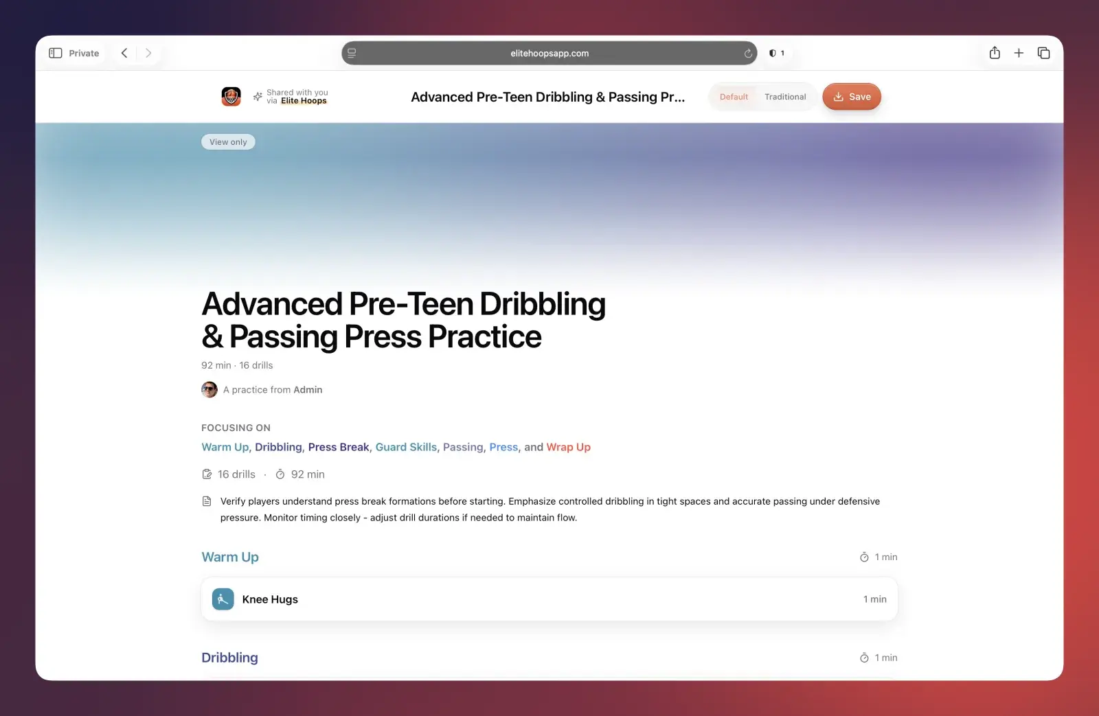 A shared practice plan in the browser with focus areas, drills, and timing.