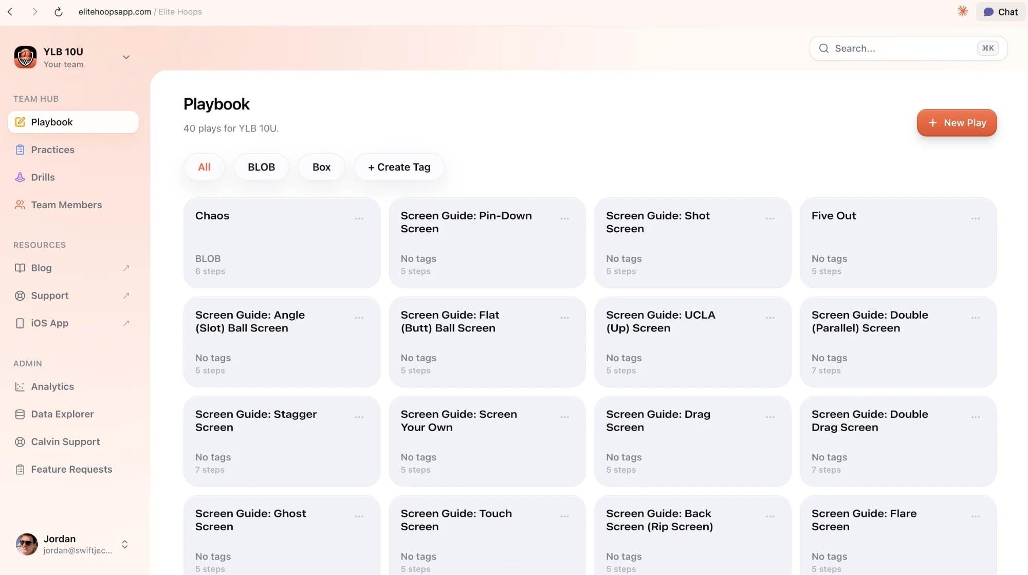 The 10U team's playbook in Elite Hoops on the web: forty plays, including a set of screen guides, with the Team Hub for practices, drills, and team members