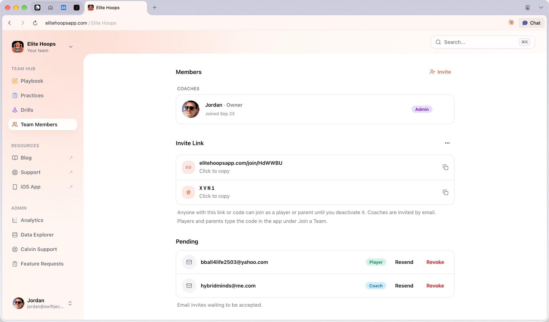 A shared team in Elite Hoops on the web: the Team Hub with playbook, practices and drills, the member list showing the owner as an admin, the invite link and code, and two pending email invites for a player and a coach