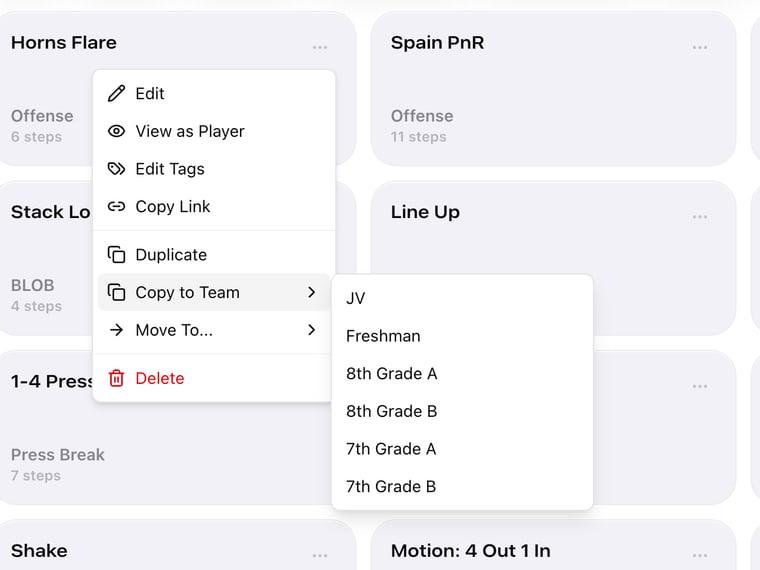 A Varsity play's menu on the web with Copy to Team open, listing JV, Freshman, 8th Grade A and B, and 7th Grade A and B
