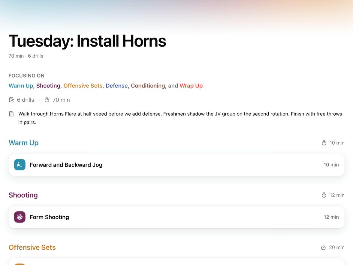 A 70 minute practice plan on the web, Tuesday: Install Horns, with its focus areas, the coach's notes, and the drills in order with their times