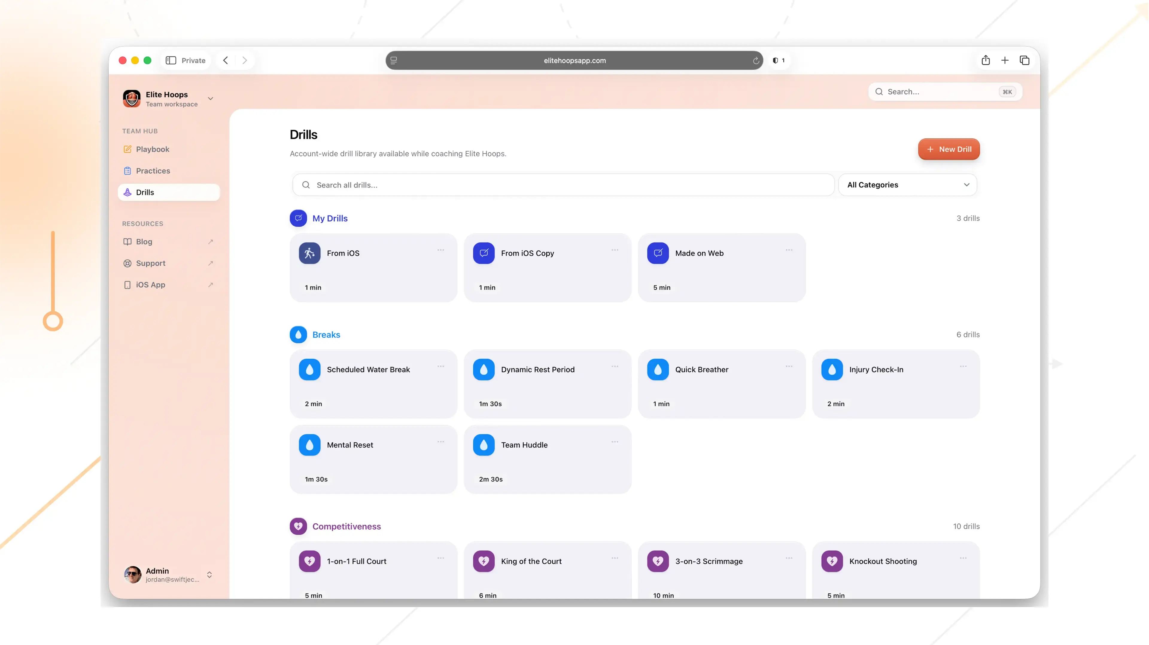 Elite Hoops drill library in the web app.