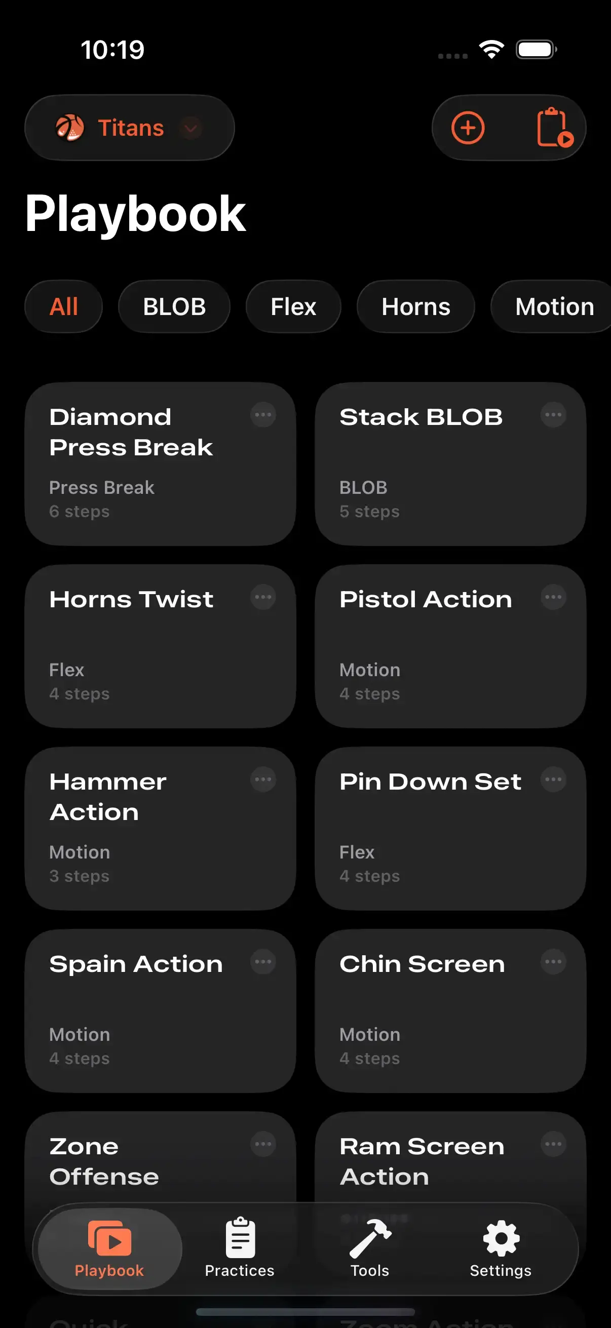Team Playbooks interface on iPhone running Elite Hoops.