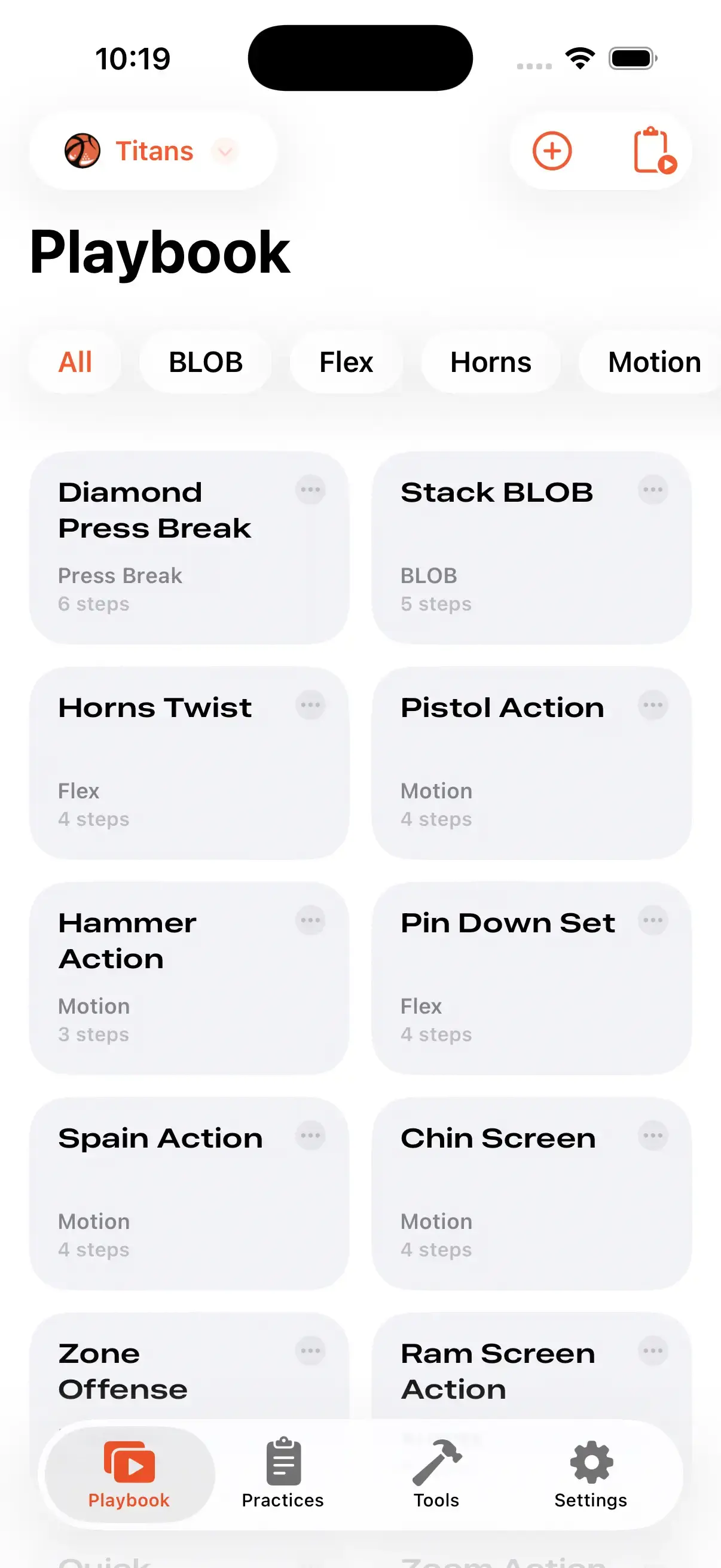 Team Playbooks interface on iPhone running Elite Hoops.