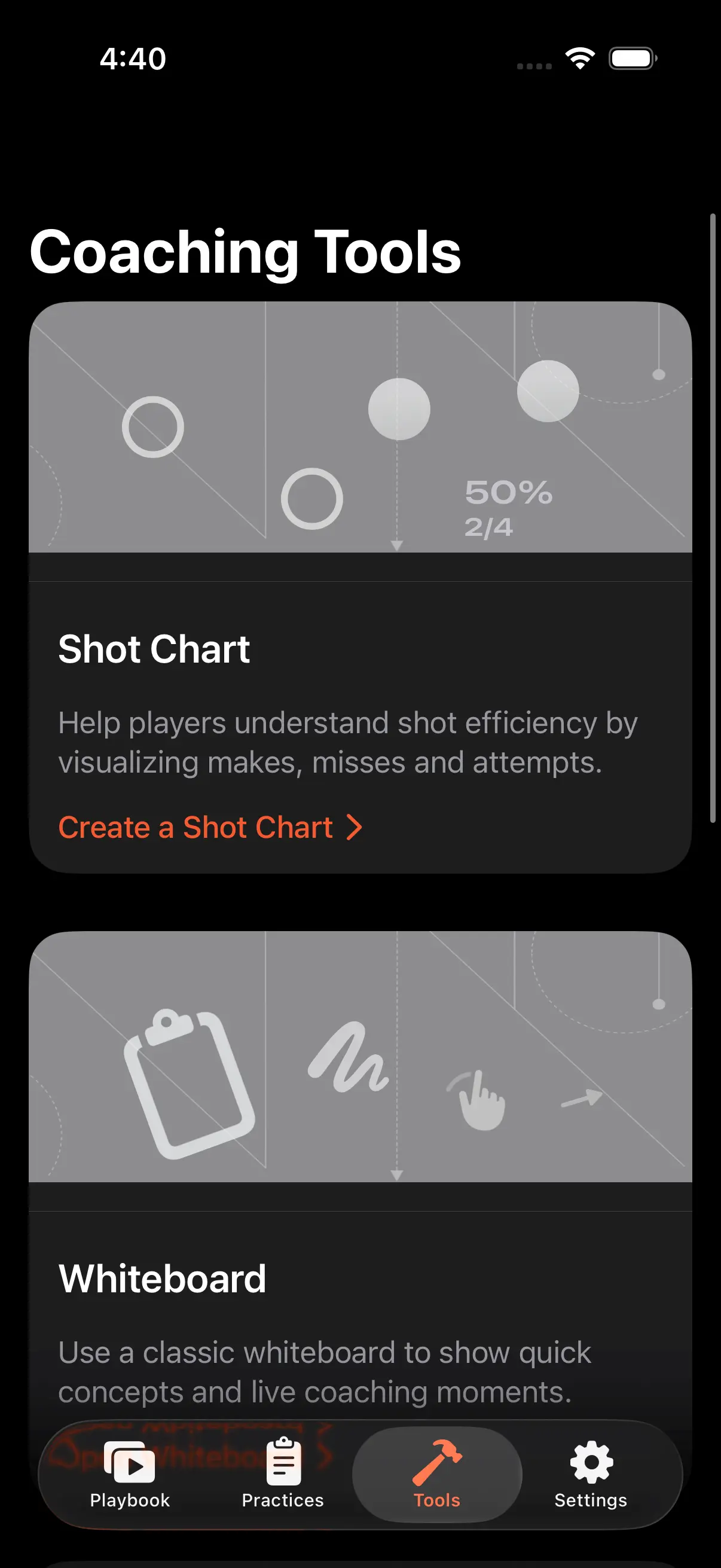 Coaching Tools interface on iPhone running Elite Hoops.