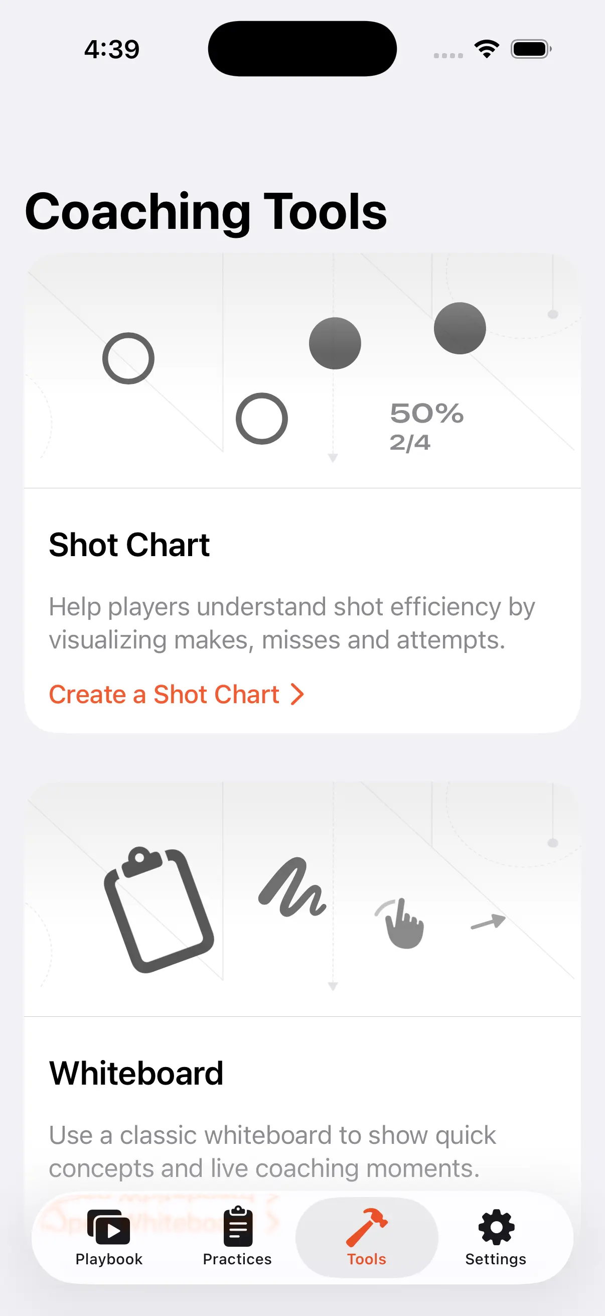 Coaching Tools interface on iPhone running Elite Hoops.