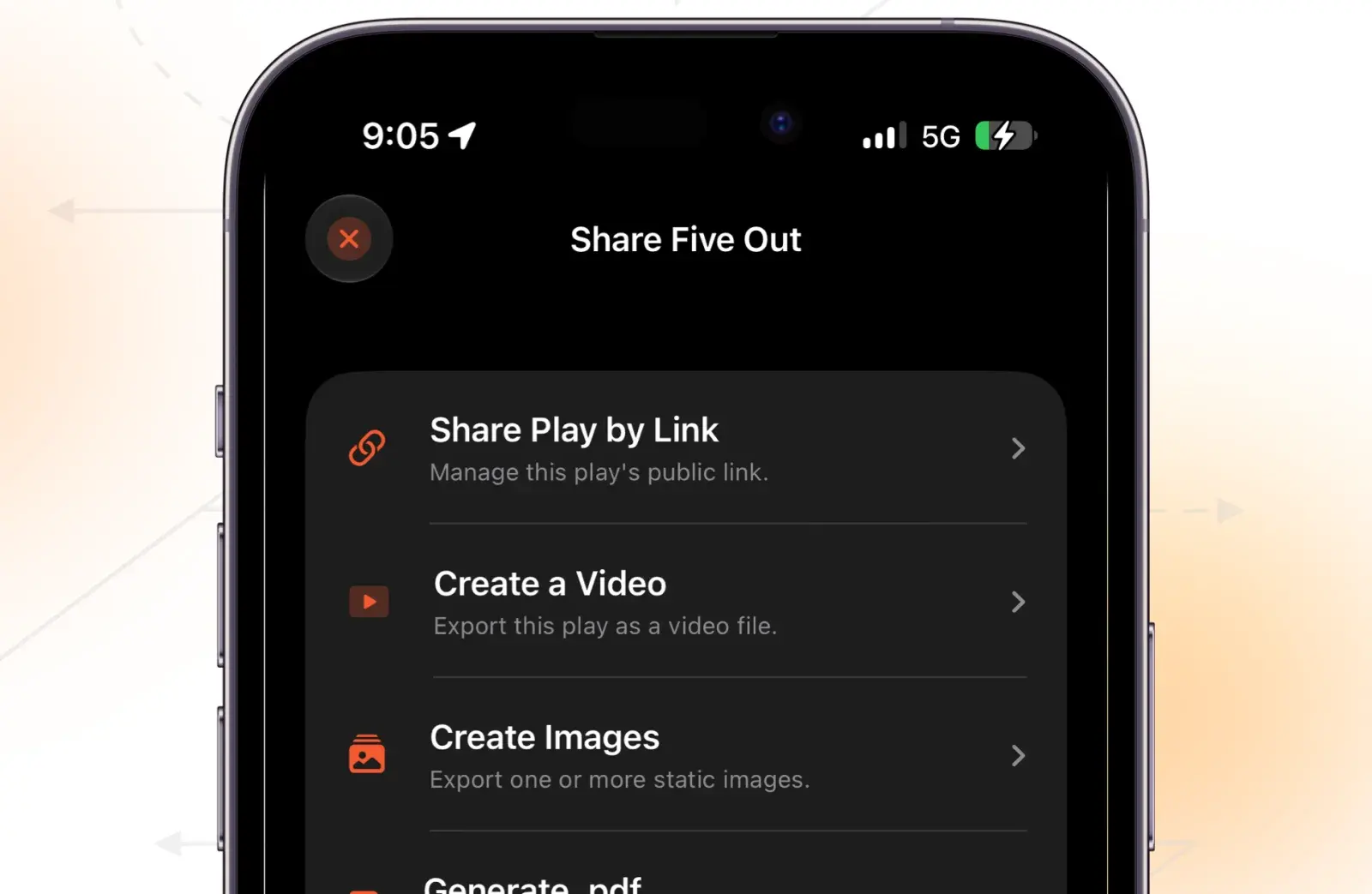 The Share menu in Elite Hoops for iOS, with Share Play by Link at the top.