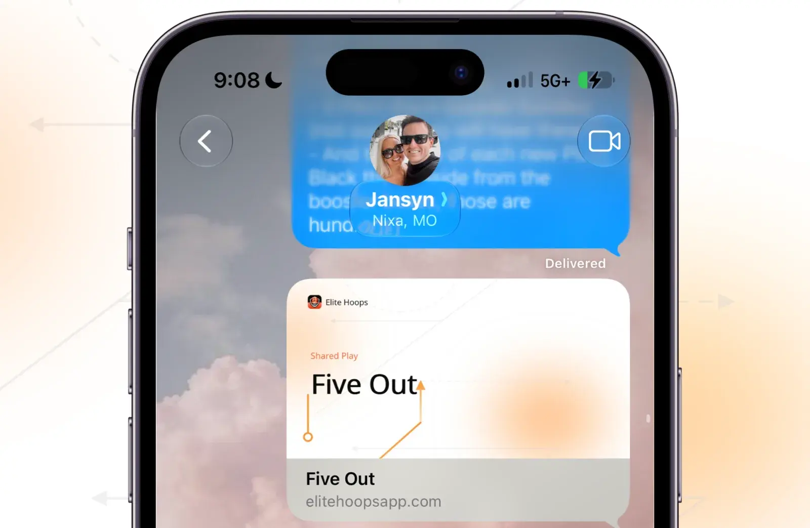 A shared play link delivered as a rich card in a text message.