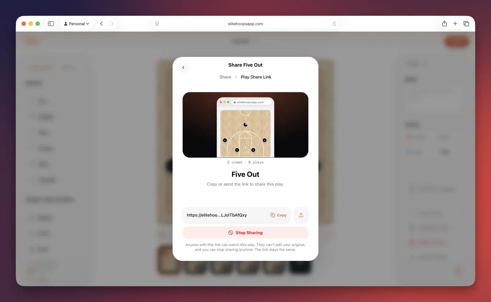 The same share dialog on the web app, with view and playback counts.