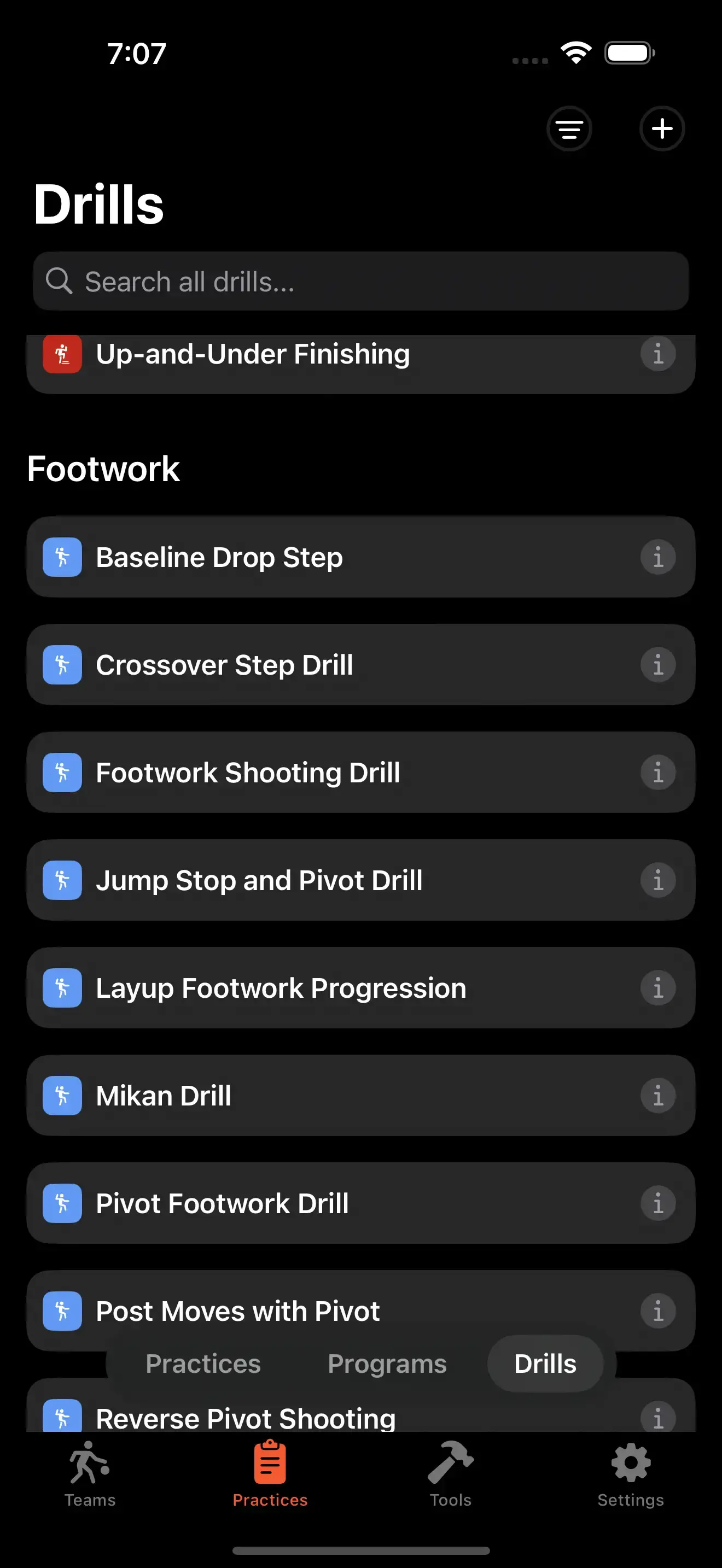 Drill Library interface on iPhone running Elite Hoops.