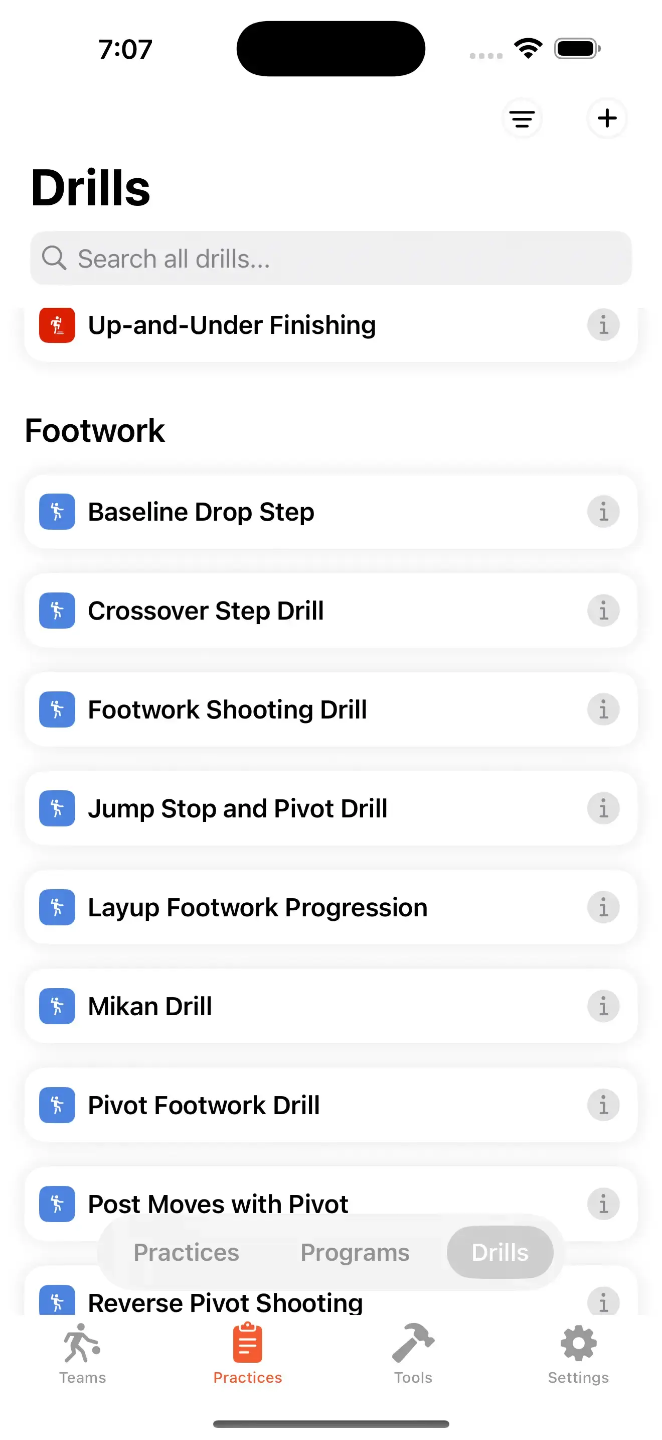 Drill Library interface on iPhone running Elite Hoops.