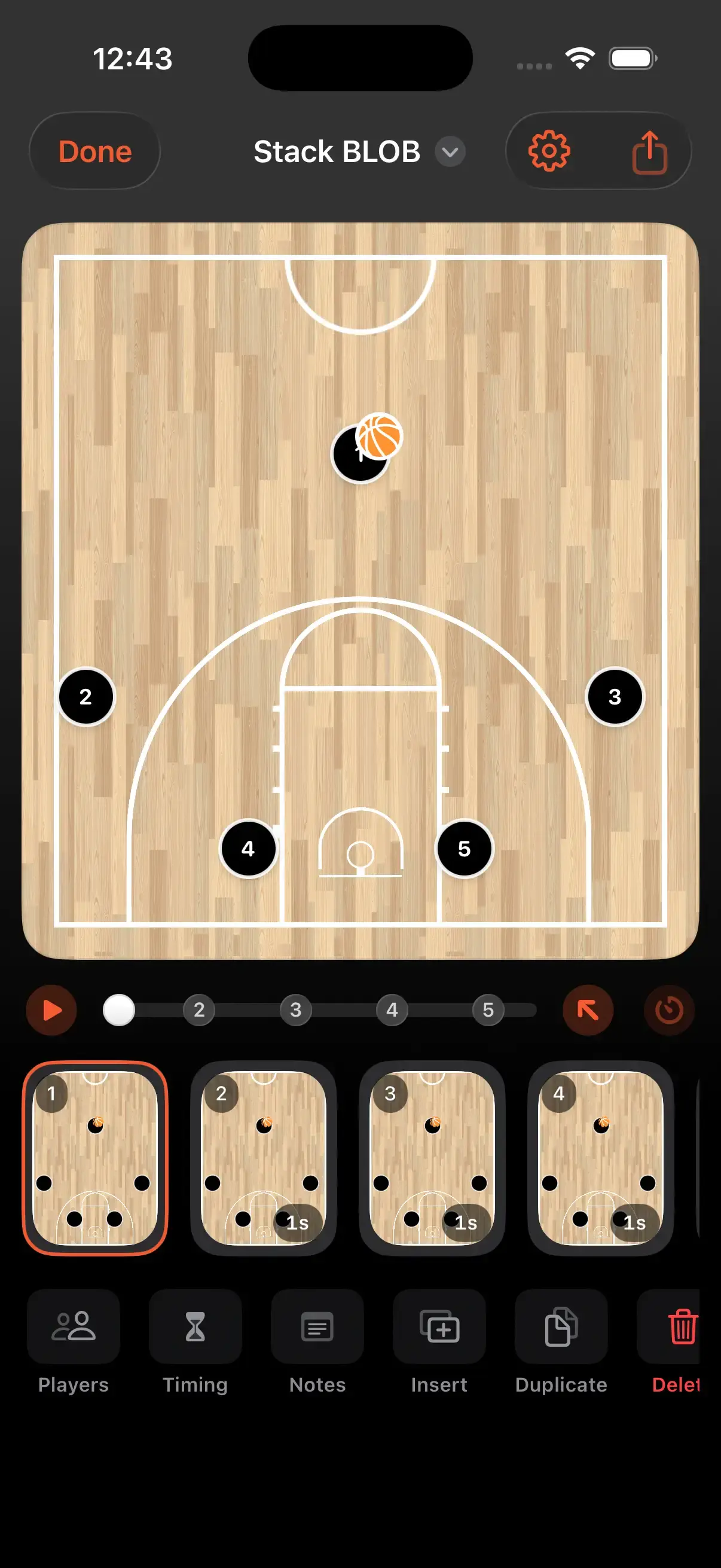 Play Designer interface on iPhone running Elite Hoops.