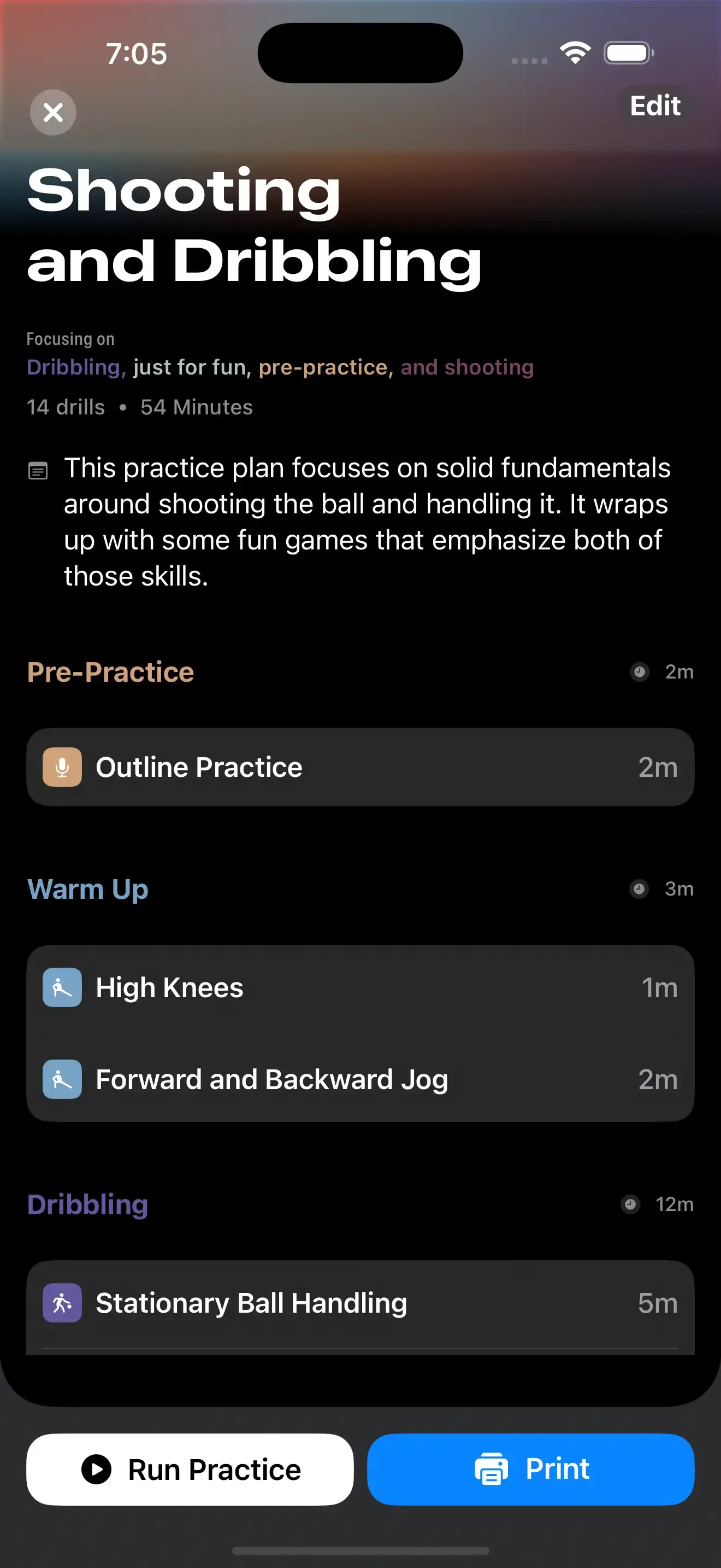 Practice Planning interface on iPhone running Elite Hoops.
