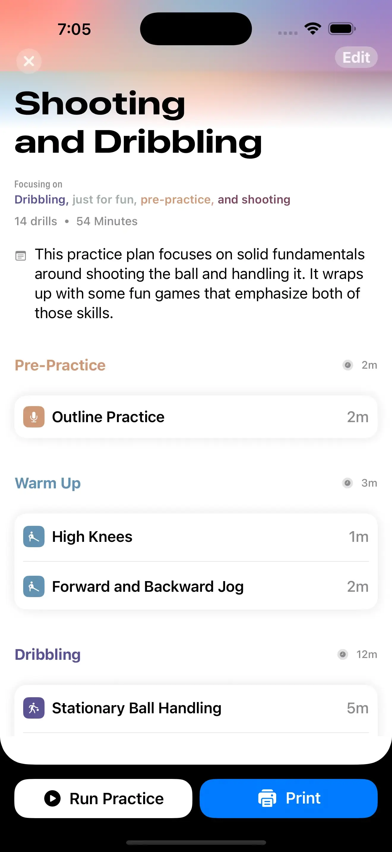 Practice Planning interface on iPhone running Elite Hoops.