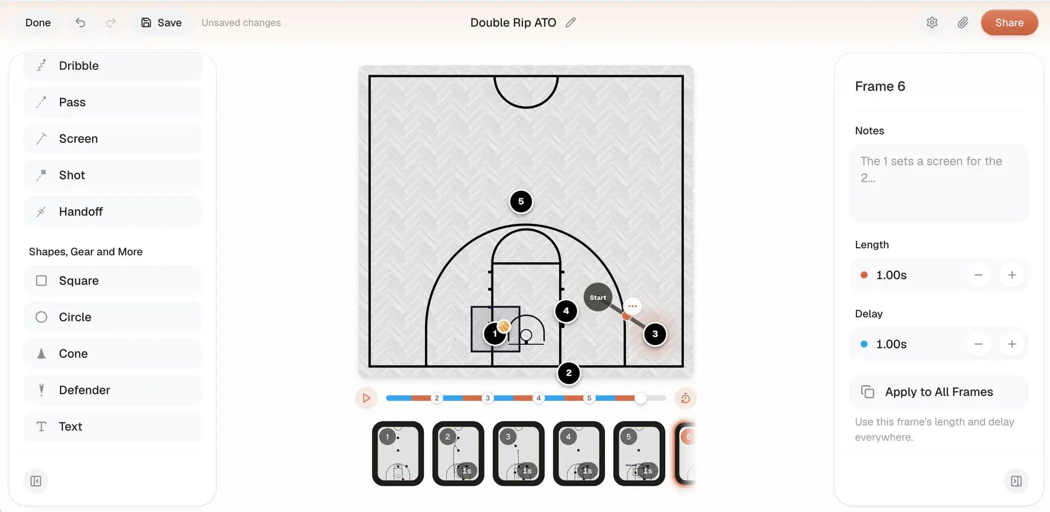 The Elite Hoops play designer in a web browser, with a play on the court and its frames below
