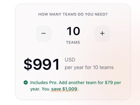 The Team Plan checkout on the web set to 10 teams, with the yearly total and Pro included