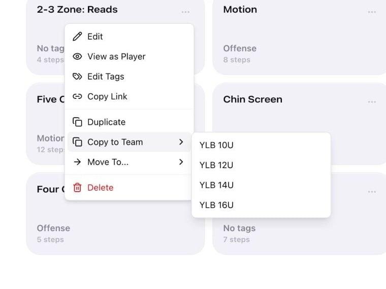 A play's menu on the web with Copy to Team open, listing four of the club's teams: 10U, 12U, 14U, and 16U