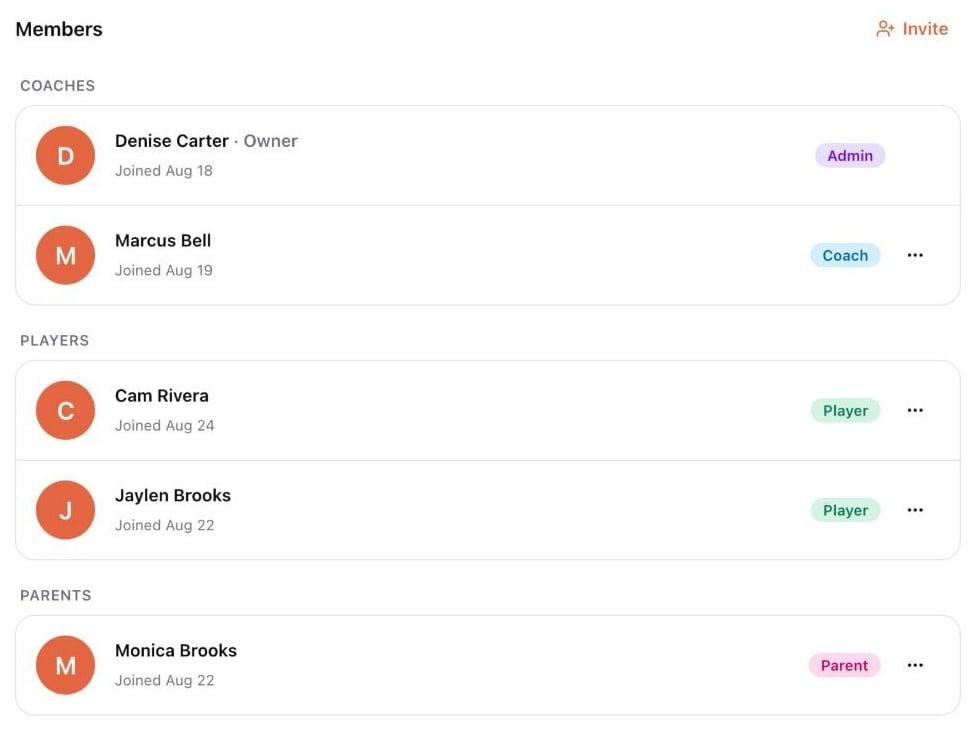 A team's member list: the club director as owner and admin, a coach, two players, and a parent, each with their role