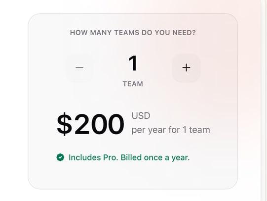 The Team Plan checkout on the web set to 1 team: the yearly price, with Pro included and billed once a year