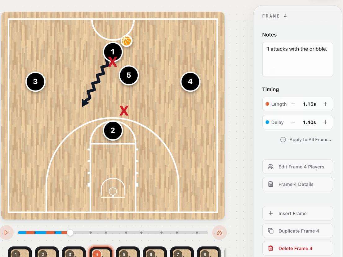 A Spain ball screen open in the play designer on the web, on frame 4 of 11, with the point guard's dribble drawn and the frame's notes beside the court