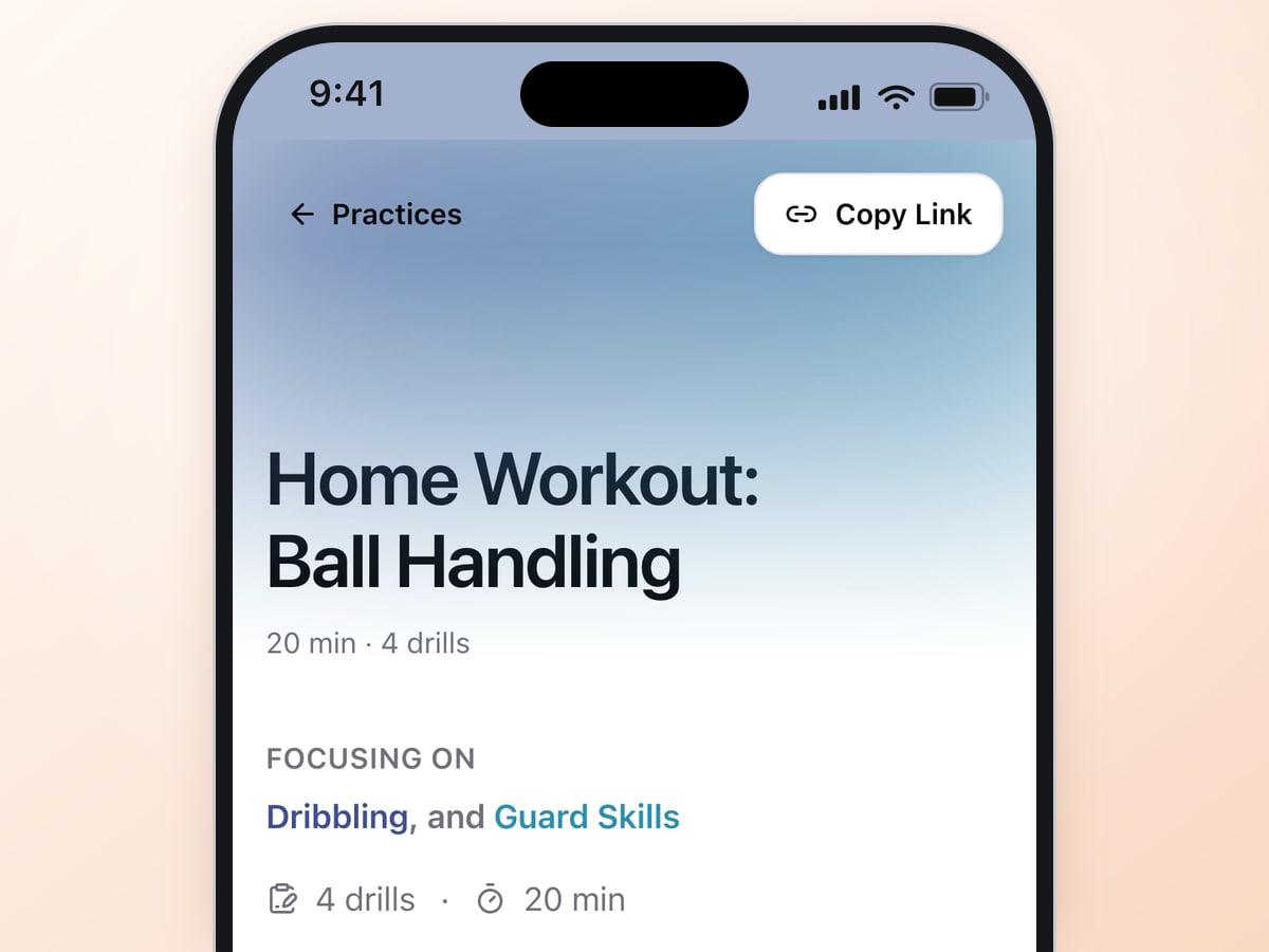 A home ball handling workout on an athlete's phone: 20 minutes, 4 drills, and the trainer's notes
